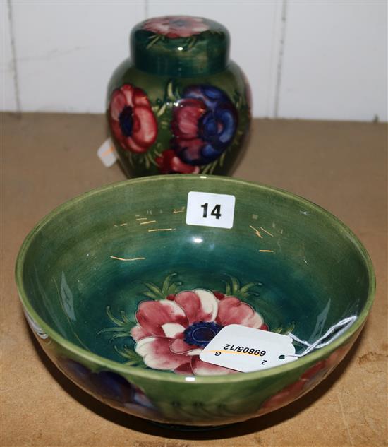 Moorcroft Anemone pattern green ground ginger jar (signature & paper label) and a similar bowl